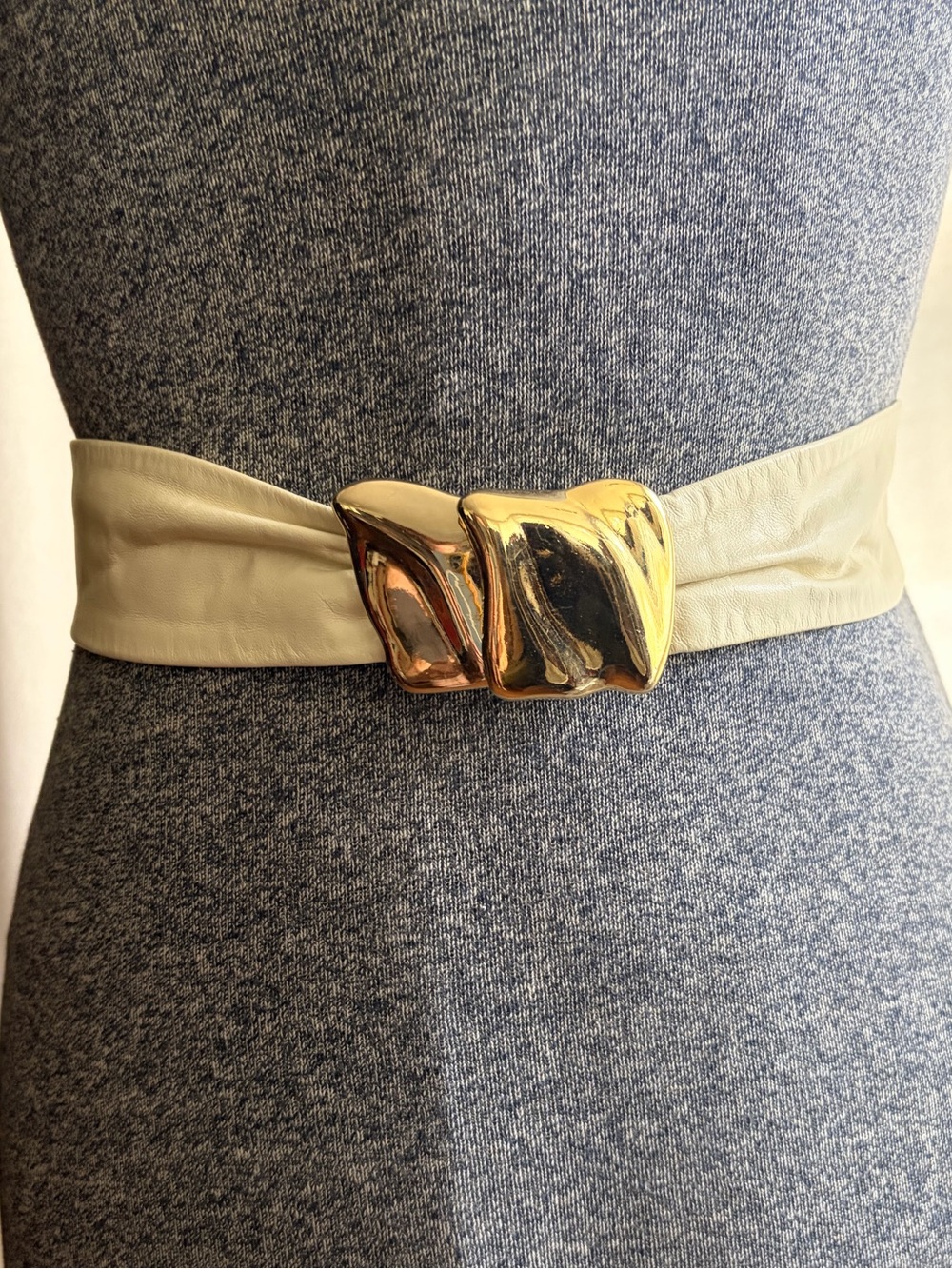Vintage Juliette for Waist Wear cream leather statement belt with gold buckle